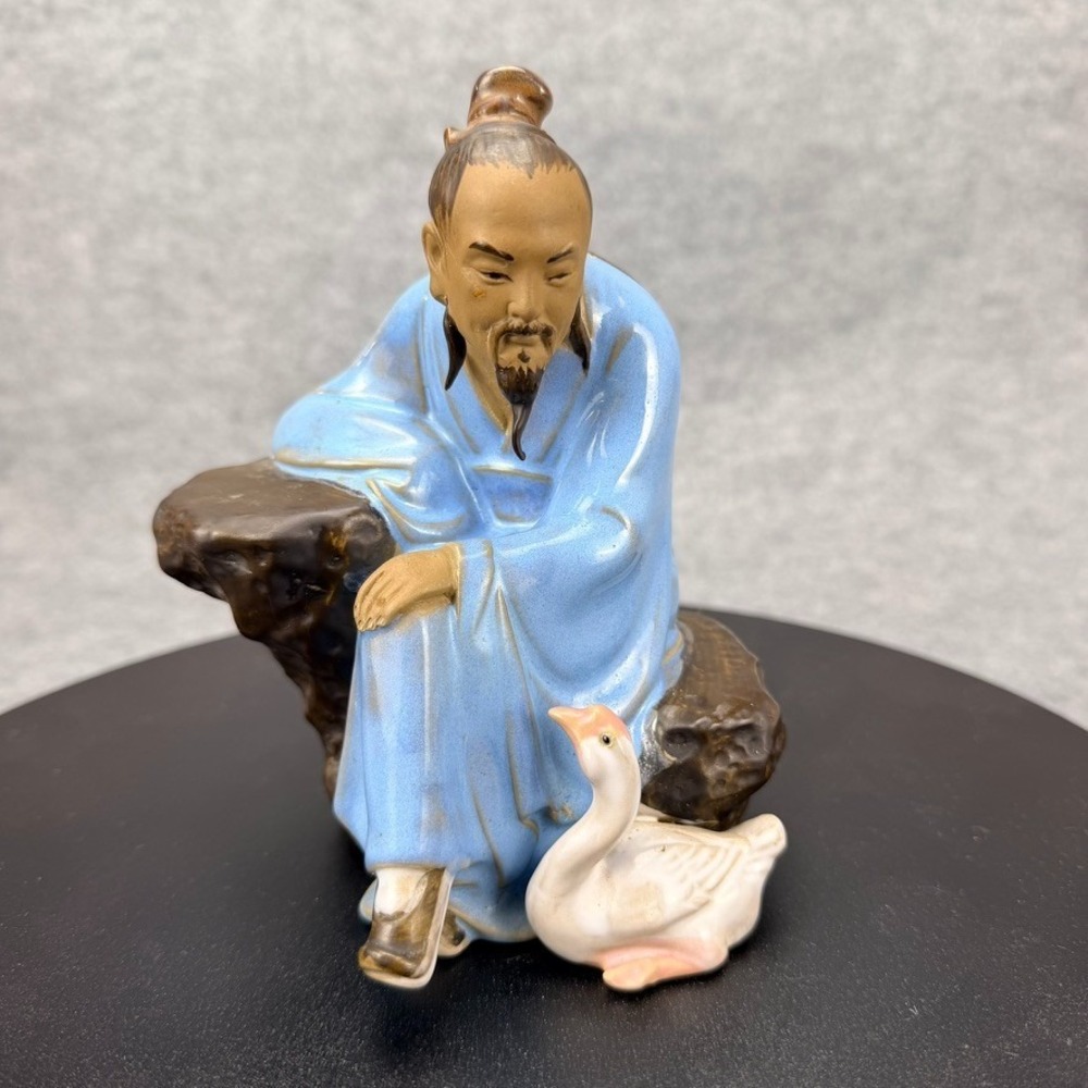 Vintage Asian Chinese Porcelain Figurine Scholar Man with Goose Duck Blue Robe